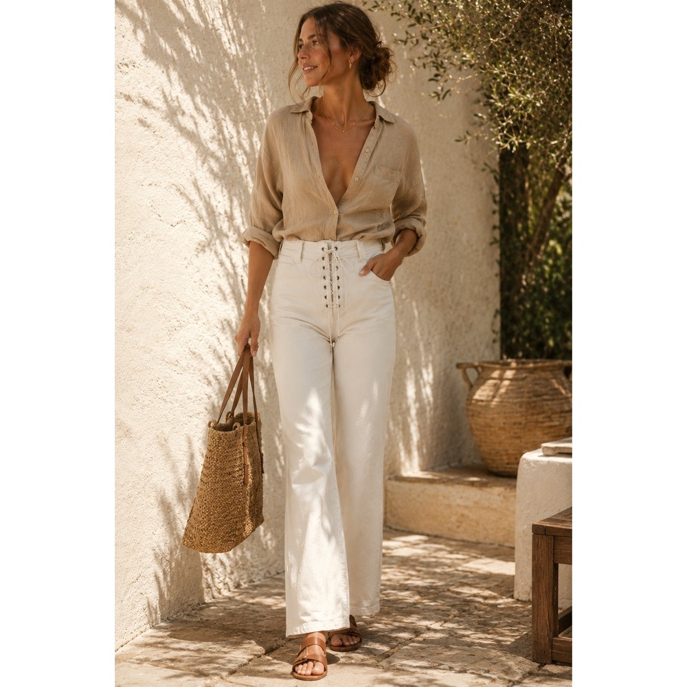 PAIGE LEENAH Lace Up JEANS Women 31 Wide Leg High WAIST BOHO SUMMER TONAL ECRU